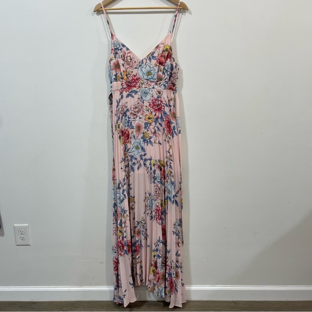 Floral Pink Pleated Summer Chiffon Sundress Maxi Dress